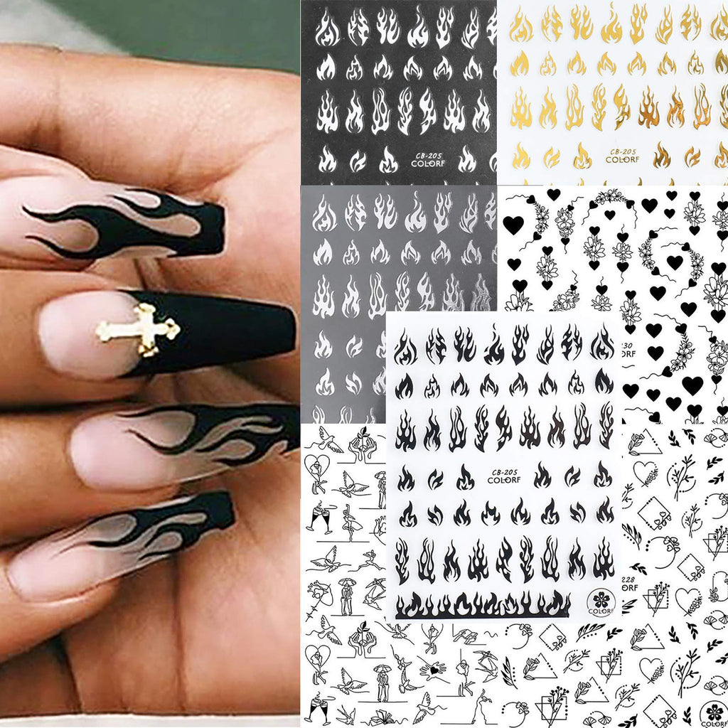 7 Sheets Fashion Flame Word Nail Art Stickers Self-Adhesive Decals Black Gold Silver White Flame Dollar Chinese Character Nail Design For Acrylic Nail Supplies Nail Decoration Kits - BeesActive Australia