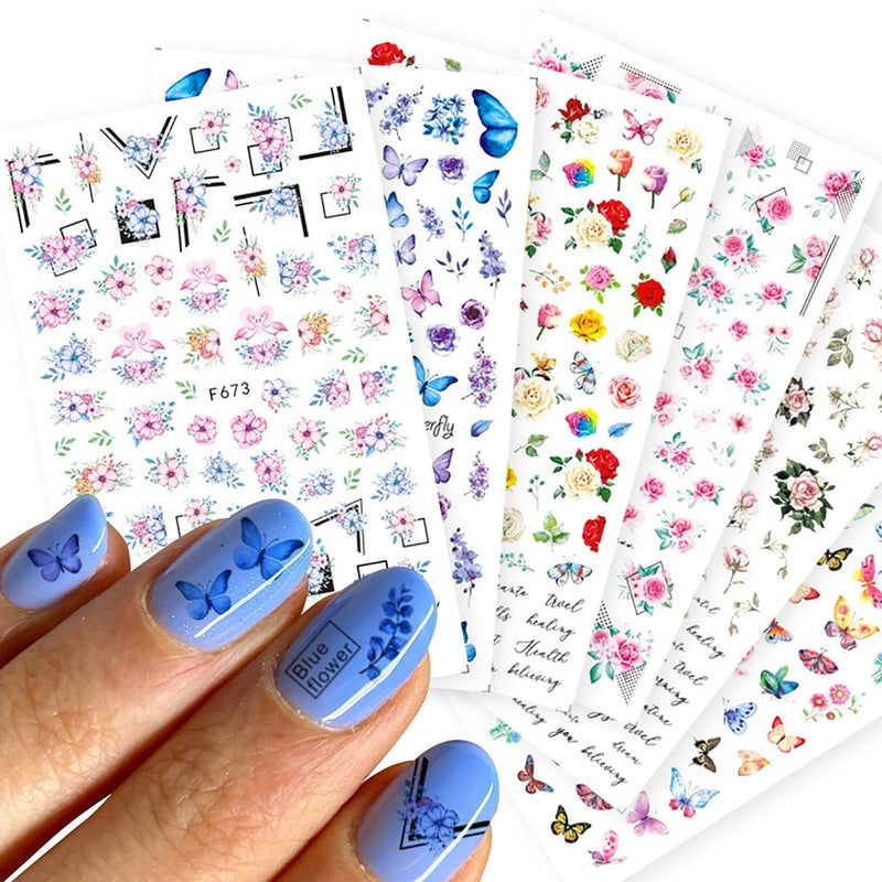 6 Sheets Spring Butterfly Flower Nail Art Stickers, Self Adhesive 3D DIY Colorful Charming Butterflies Rose Flowers Nail Decals For Acrylic Nail Supplies Nail Decorations Beauty Accessories - BeesActive Australia