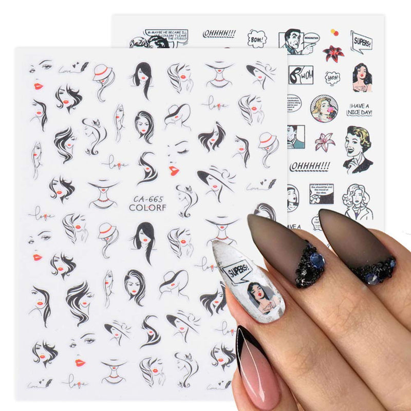 Retro portrait Nail Art Sticker Decals Self-Adhesive DIY Nail Sticker Decals 3D Nail Design Decorations for Women Kids Girls DIY Manicure Tips Supply - BeesActive Australia