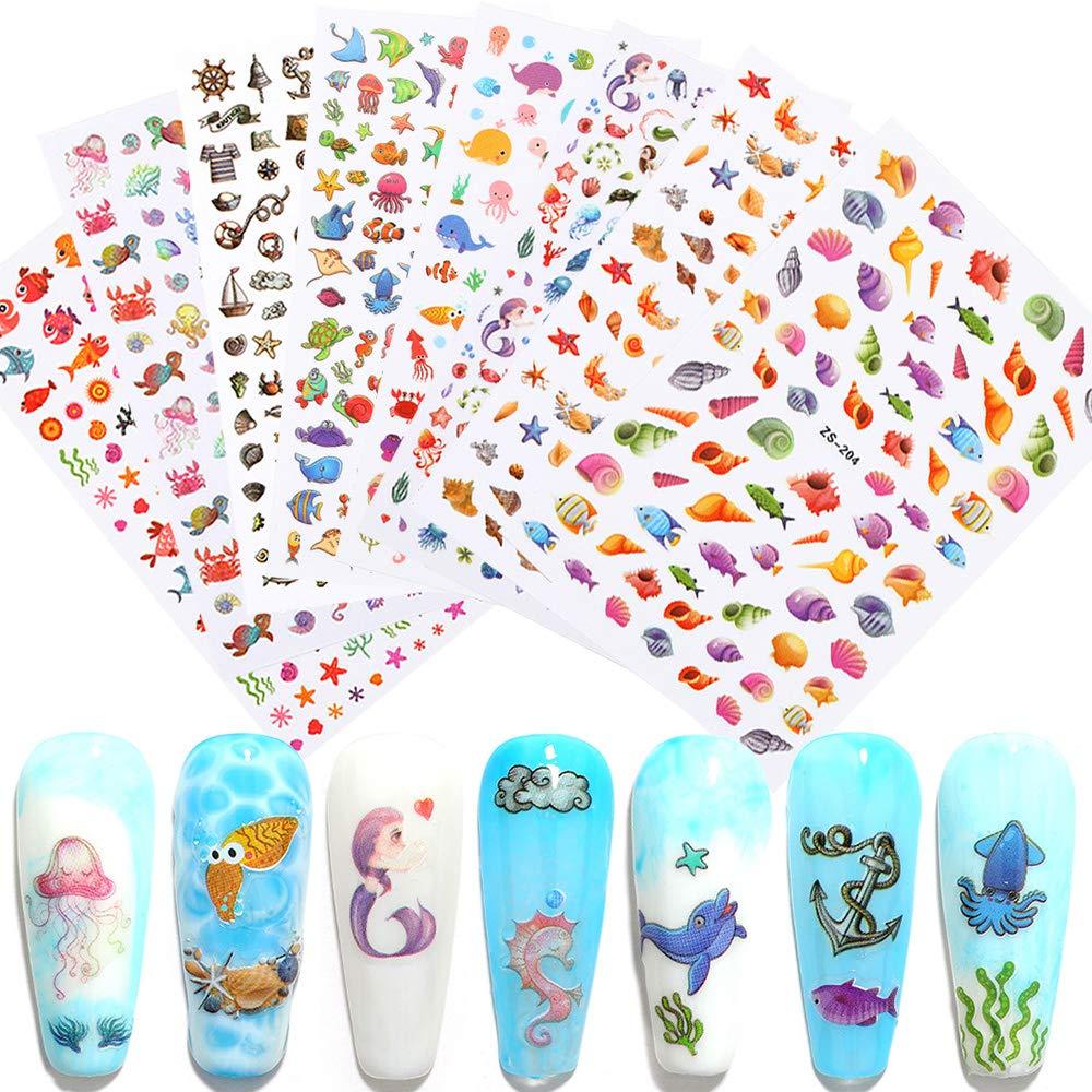 Macute Nail Stickers for Kids, 8 Sheets Cartoon Nail Art Stickers 3D Adhesive Nail Decals Ocean Animal Starfish Shell Mermaid Manicure Tips Accessory Stickers for Kids and Little Girls Nail Art Decor - BeesActive Australia