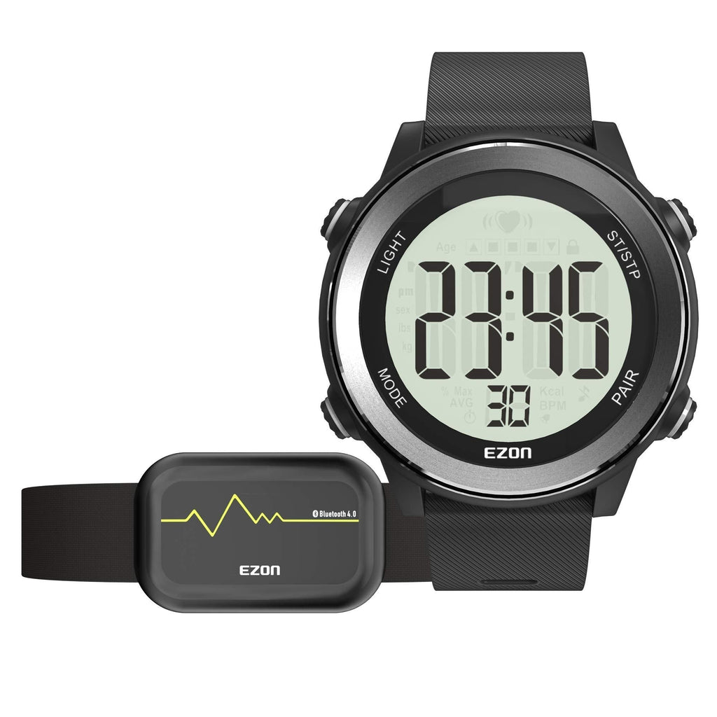 EZON Running Digital Watch Heart Rate Monitor Chest Strap Waterproof with Chronograph Calorie Counter Large Display for Men Black T057A11 - BeesActive Australia