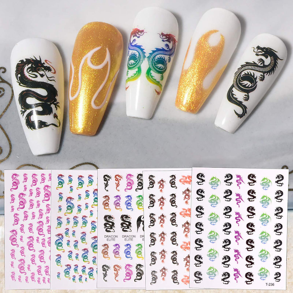 Dragon Nail Art Stickers 3D Self-Adhesive DIY Colorful Dragon Design Nail Decals For Acrylic Nail Supplies Decorations Beauty Accessories(5 Sheets) - BeesActive Australia