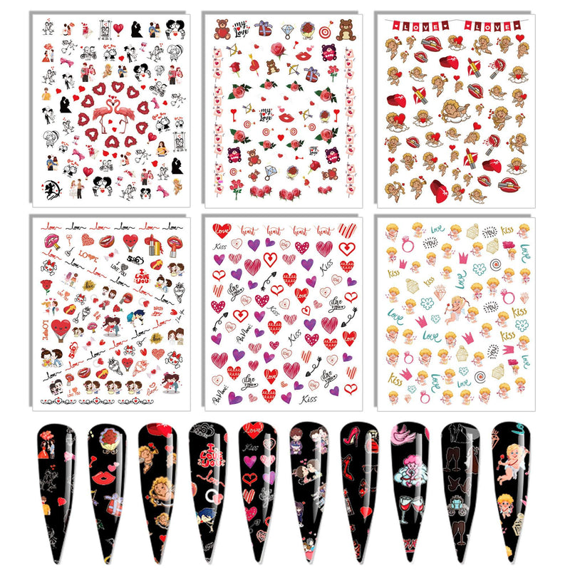 Valentine's Day Nail Art Stickers Red lips Nail Decals 6 Sheet Cupid Water Transfer Nail Supplies Love Heart Beer Rose Ring Pattern Designs Decoration for Women Cool Girls Holiday Acrylic Accessories - BeesActive Australia