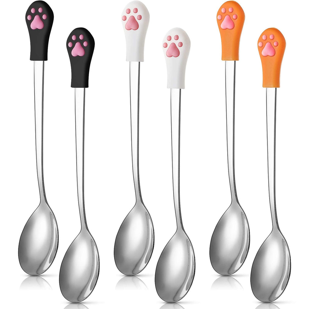 6 Pieces Dog Cat Can Food Spoon Pet Stainless Steel Food Spoon with Cute Cat Claw Silicone Handle (White, Black, Orange) - BeesActive Australia