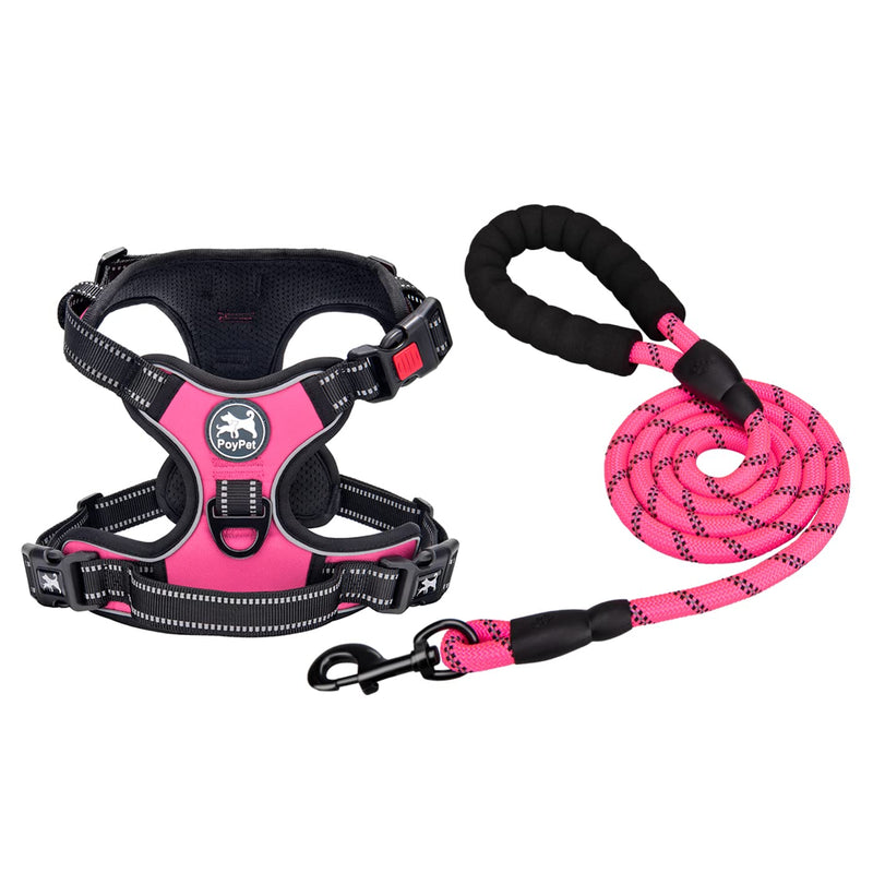 PoyPet Dog Harness and Leash Combo, Escape Proof No Pull Vest Harness, Reflective Adjustable Soft Padded Pet Harness with Handle for Small to Large Dogs Medium Pink - BeesActive Australia