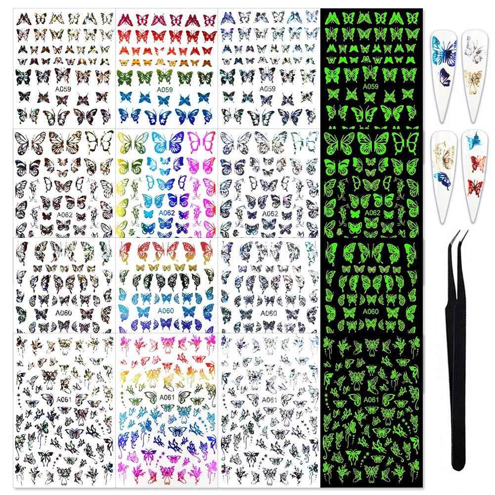 SILPECWEE 16 Sheets Laser Butterfly Adhesive Nail Art Stickers Decals Tips With 1Pc Tweezers Glow In The Dark Design Manicure Accessories NO1 - BeesActive Australia