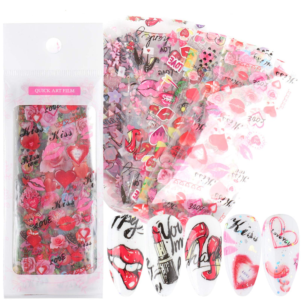 Heat Lips Nail Foil Transfer Stickers Valentine Nail Art Foils Decals Sexy Red Lips Romantic Rose Love Heart Nail Art Stickers Nail Designs Supplies Acrylic Nails Art Decoration (10 Sheets) - BeesActive Australia