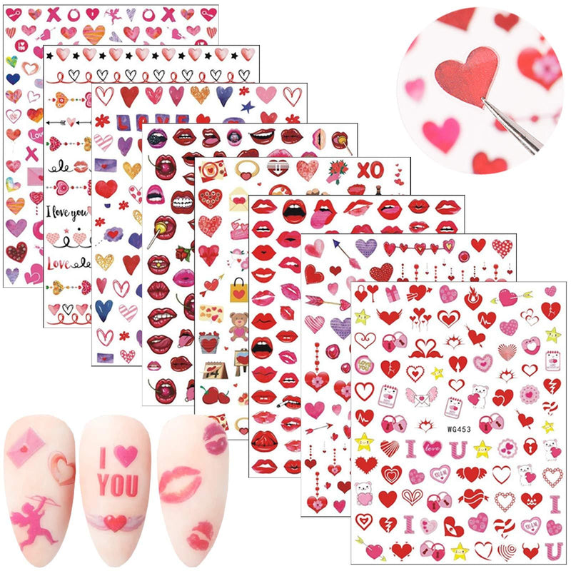 Valentine's Day Nail Stickers 3D Heart Nail Decals Valentine Nails Sticker Decal Self-Adhesive Sexy Lips XO Love Kiss Heart Designs Nail Decorations for Women Kids Girls Manicure Decor (8 Sheets) - BeesActive Australia