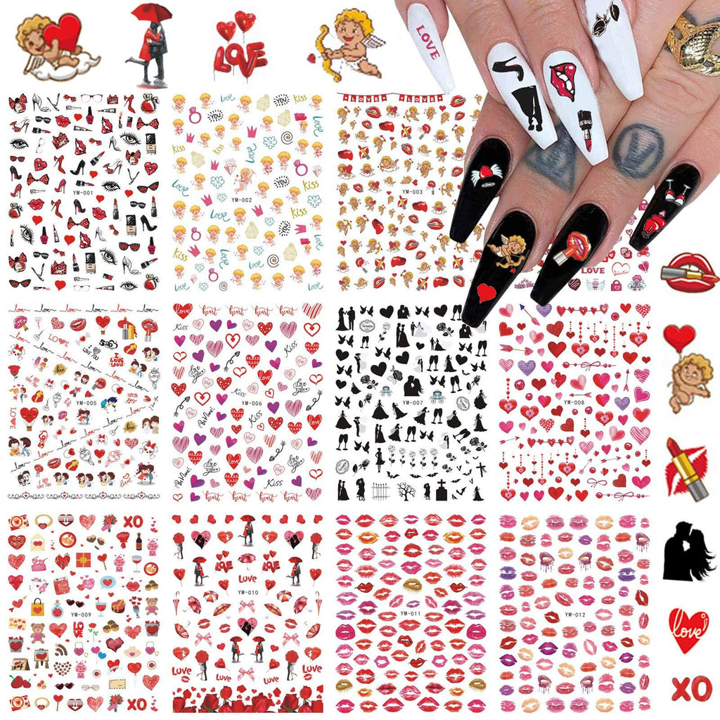 Valentines Day Nail Art Sticker Decal 3D Self-Adhesive Valentines Day Nail Decorations Sexy Red Lips Love Kiss Angel Baby Cupid Heart Valentine Nail Decorations (12 Sheets) - BeesActive Australia