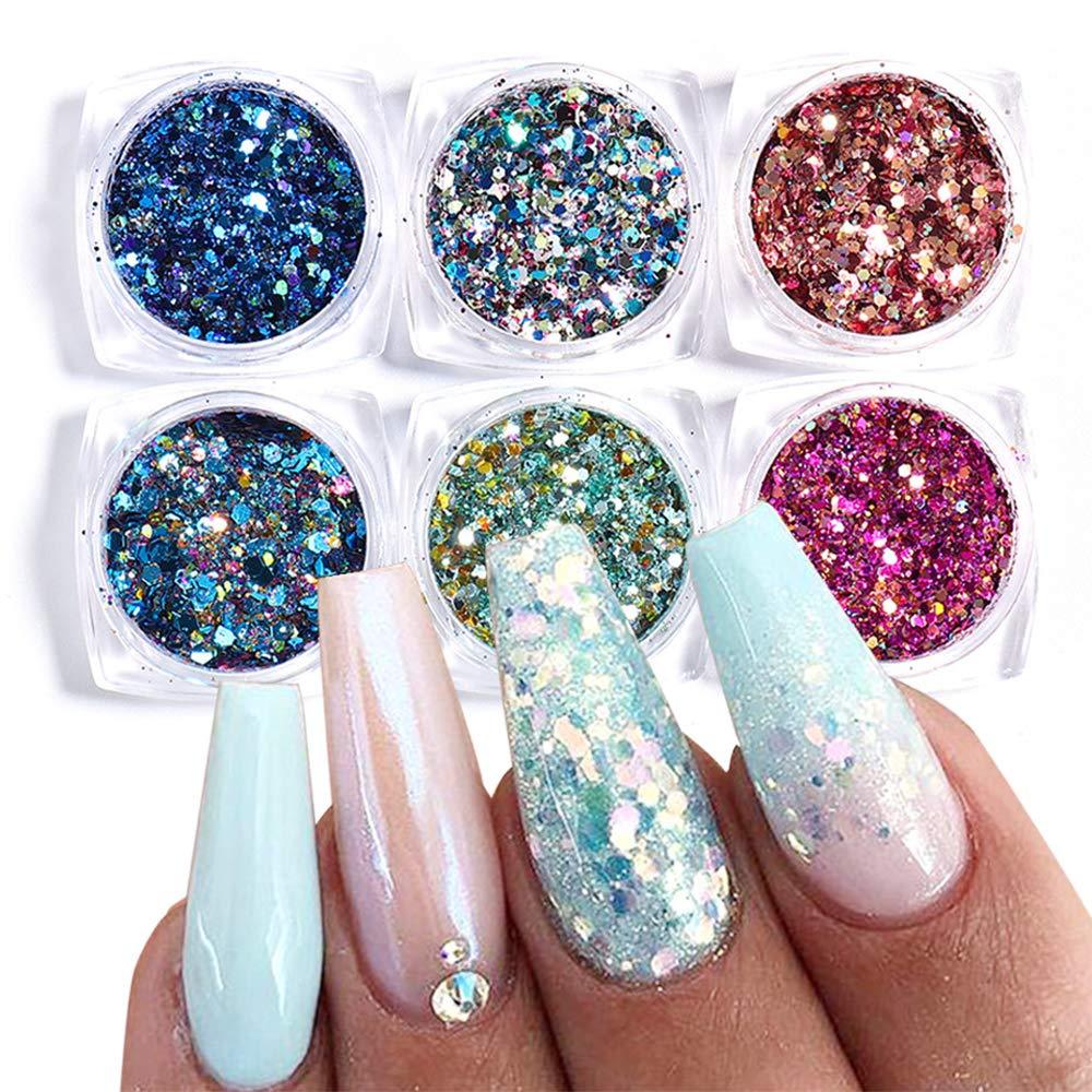 Holographic Nail Glitter Sequins Powder 3D Nails Glitter Flakes Shiny Acrylic Powder Dust Flakes Laser Sparkles Nail Art Decor DIY Design Manicure Tips Charms - BeesActive Australia