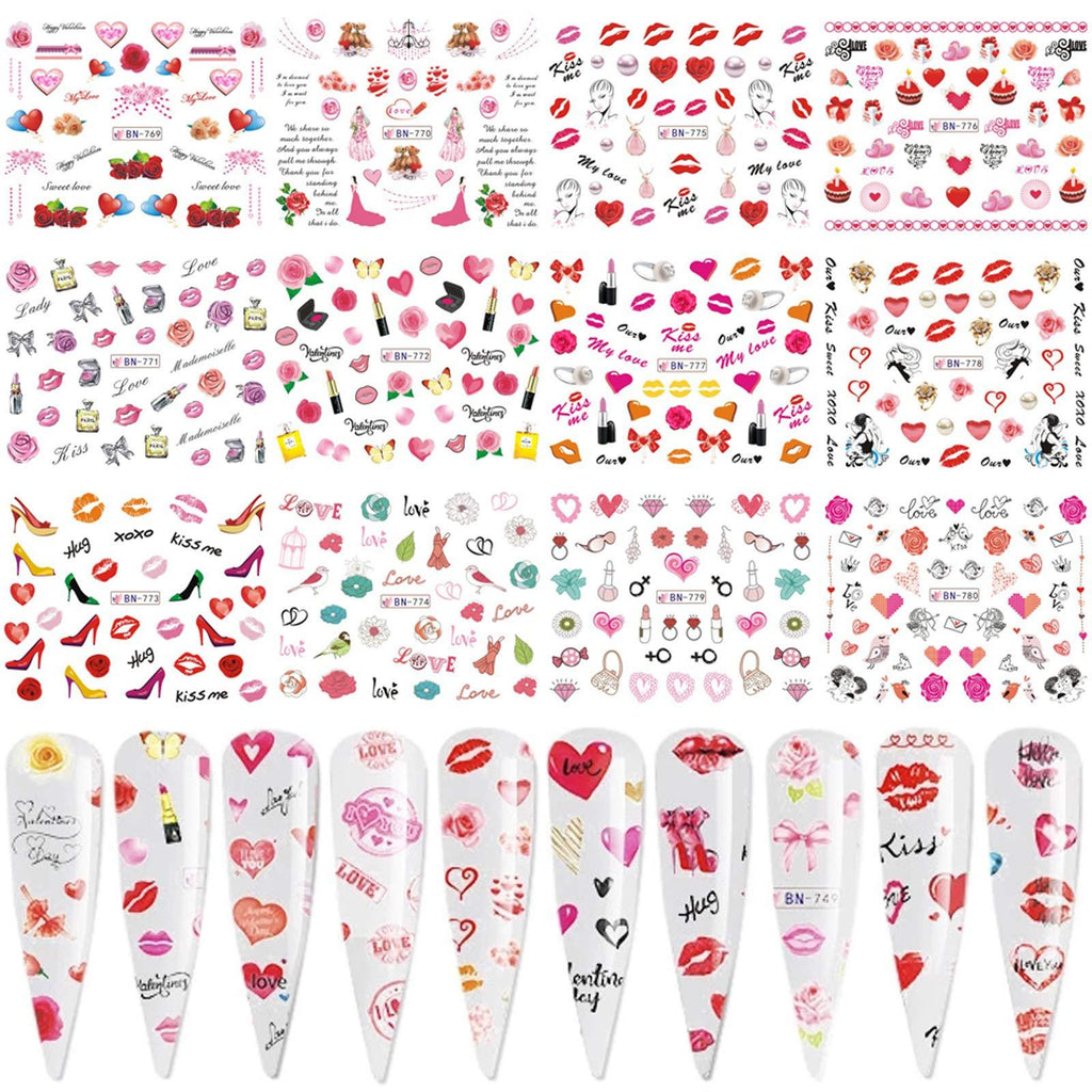 Valentine Nail Art Stickers Water Transfer Nail Decals Sexy Lips Love Lipstick Heart Rose Design Nail Sticker Manicure Tips Accessories Romantic Valentine's Day Nail Art Decorations (12 Sheets) C - BeesActive Australia