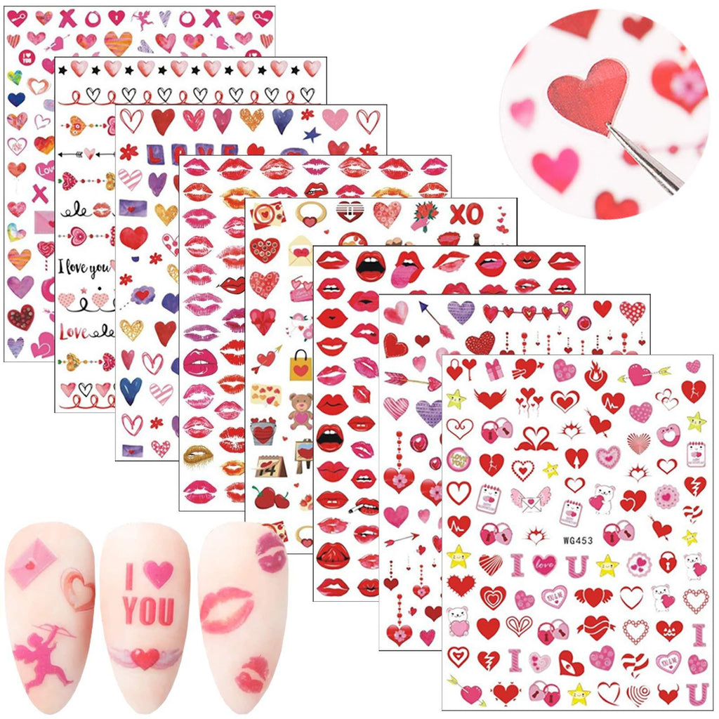 Valentine Nail Art Stickers 3D Heart Nail Decals Valentine's Day Nail Art Sticker Decal Self-Adhesive Sexy Lips XO Love Kiss Heart Designs Nail Decorations Romantic Holiday Manicure (8 Sheets) 8 Sheets - BeesActive Australia