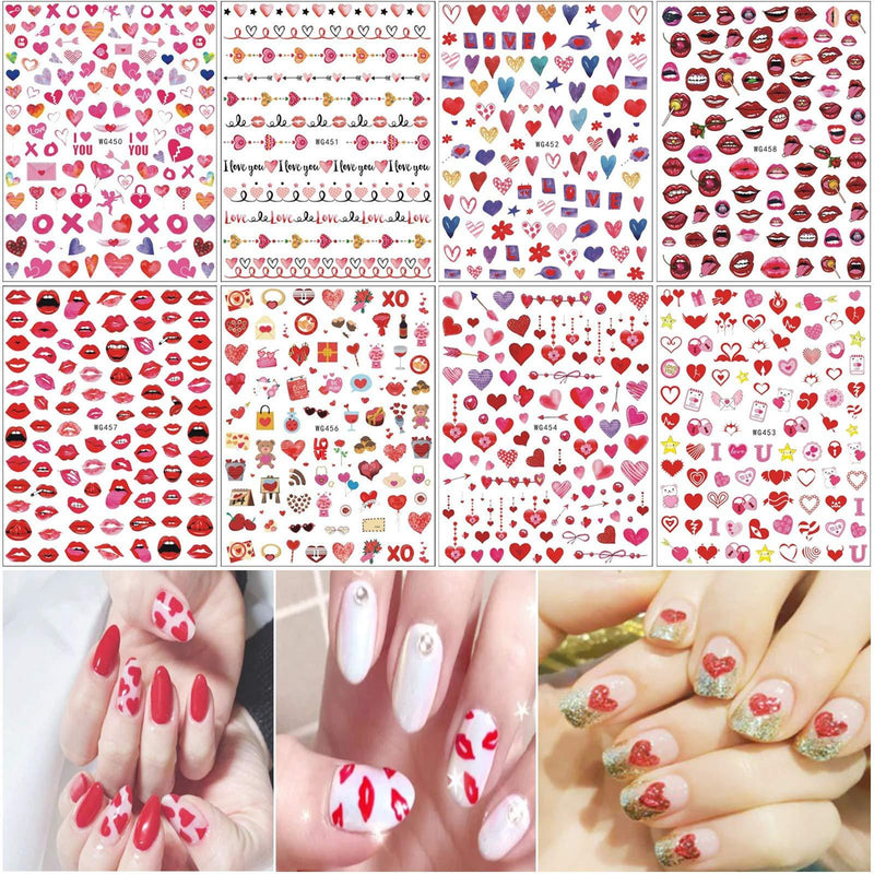 Valentine's Day Nail Art Stickers 3D Nail Decals Self-Adhesive Sexy Lips XO Love Kiss Heart Design Nail Sticker Romantic Valentines Nail Decorations Supplies for Women Girls Manicure Arts (8 Sheets) 8 Sheets - BeesActive Australia