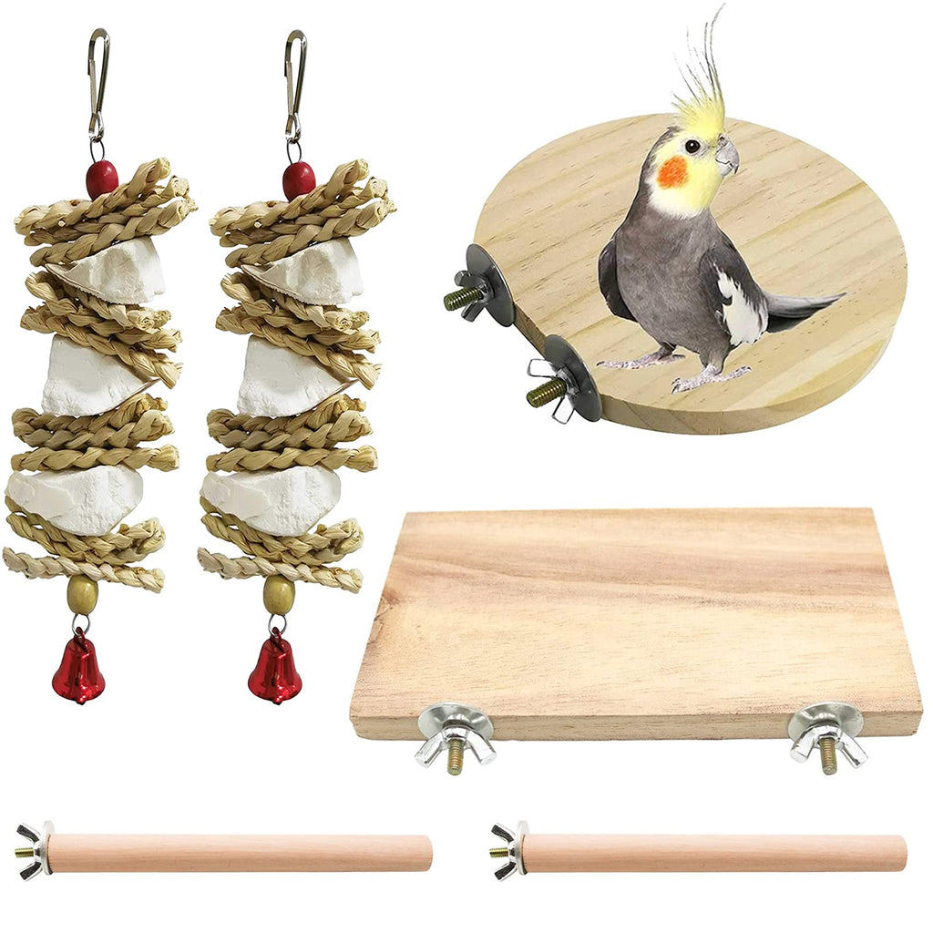 Bird Perch Stand Parrot Wooden Platform Standing Playground 6 Pcs Chew Toys Natural Cuttlebone Paw Grinding Stick for Parakeet Budgies Cockatiels Conure Lovebirds Cage Accessories Exercise Toys - BeesActive Australia