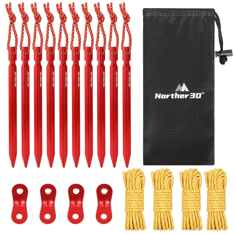Norther30° Outdoors Tent Stakes Pegs, 10 Pack 7" Tent Pegs Stakes and 4 Pack 4m Reflective Guy Lines with Cord Adjustment Suitable for Tent Footprint Tarp use. Red - BeesActive Australia