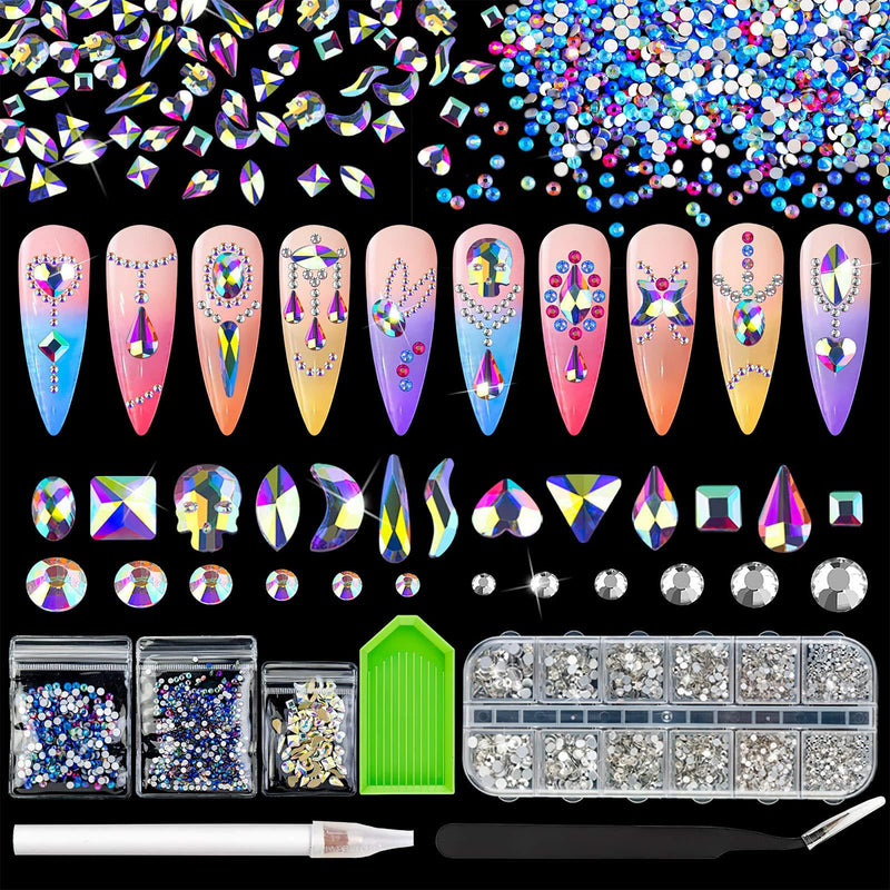 Locacrystal Crystal AB Round & Shaped Glass Rhinestones With Tools，2513pcs Multi-Shape crystal Nail Art rhinestones，Flatback AB gems for Nails crafts Clothes Face Jewelry Decoration (White) Silver Back+Multi-Shaped AB+Multi-colored AB - BeesActive Australia