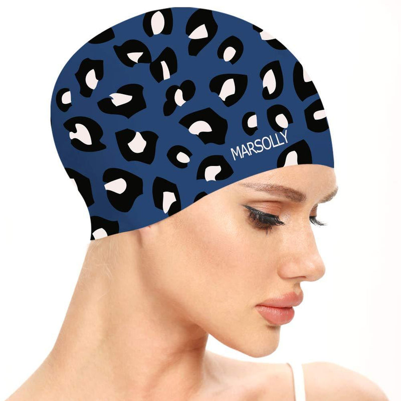 Marsolly Silicone Swim Cap for Women, Waterproof Long Hair Swimming Caps with Leopard Printed Navy - BeesActive Australia