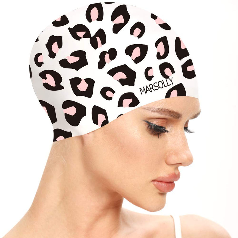 Marsolly Swim Cap Women, Silicone Swimming Cap for Long Hair with Leopard Printed White - BeesActive Australia