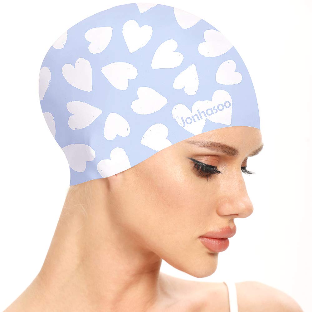 Jonhasoo Silicone Swim Cap for Women Swimming Caps with Cute Heart Printed Light blue - BeesActive Australia