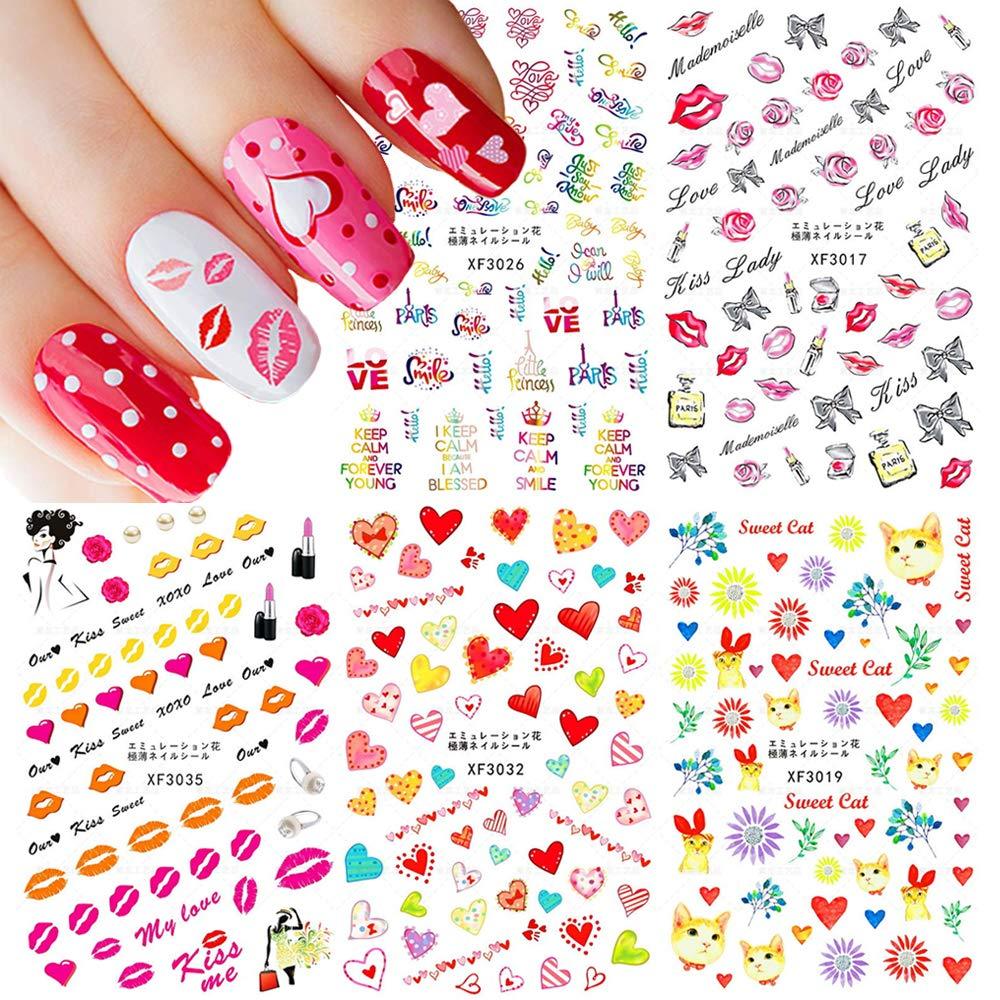 Valentine's Day Nail Art Sticker Decals Water Transfer Nail Decals for Nails Supply Accessories Sexy Lips Heart Love Letter Design for Women Spouse Lovers Nail Salon DIY Decoration 5 Sheets - BeesActive Australia