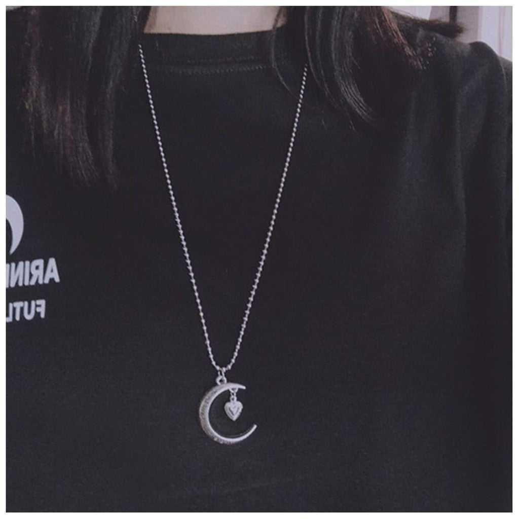 TseanYi Long Moon Pendant Necklace Silver Moon Heart Necklace Minimalist Long Drop Necklaces Vintage Neck Chain Jewelry for Women and Girls - BeesActive Australia