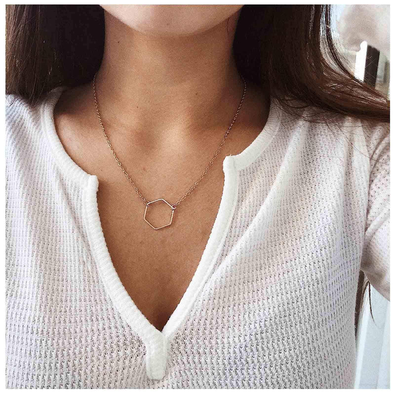 TseanYi Hexagon Frame Necklace Geometric Hollow Hexagon Pendant Necklace Choker Gold Skinny Minimalist Collar Necklace Chain Jewelry for Women and Girls (Gold) - BeesActive Australia