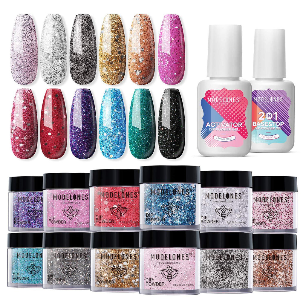 Modelones Dip Powder Nail Kit Starter-12 Glitter Colors French Style Sparkle Dipping Powder with Base Top Coat 2 in 1 Set, Essential Manicure Nail Art System No Lamp Needed - BeesActive Australia