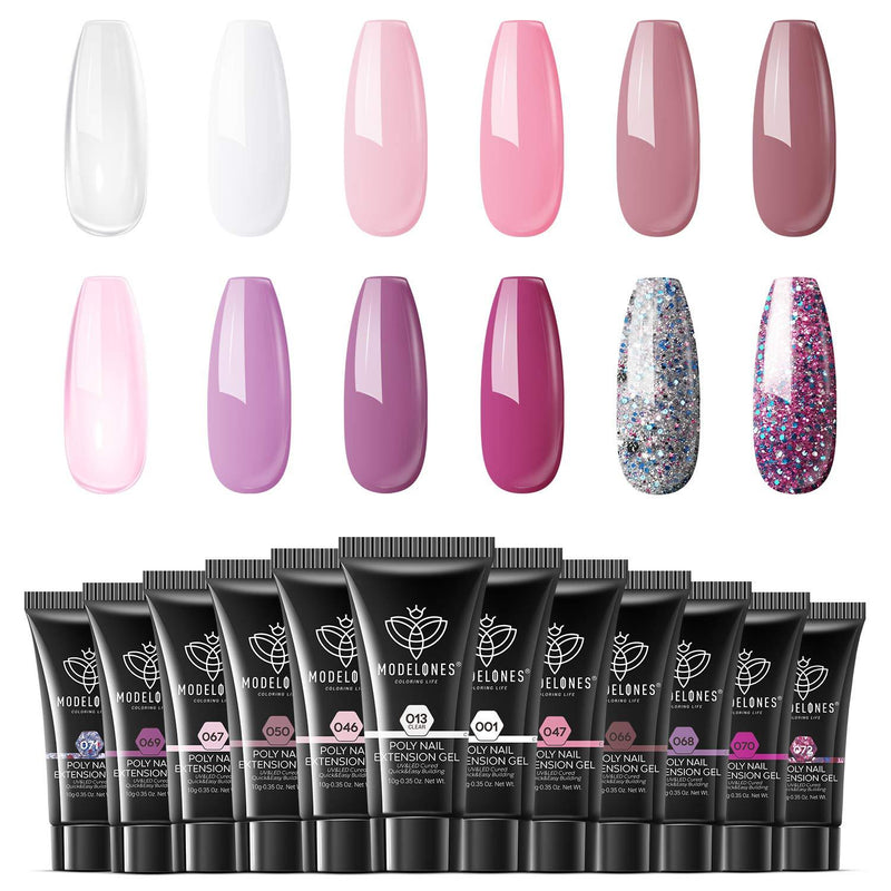 Poly Extension Gel Nail Set, 12 Colors 10g Poly Nail Gel Builder Gel Nail Art Design Nail Enhancement Gel Beginner Starter Kit Salon DIY Nail Art at Home Pink - BeesActive Australia