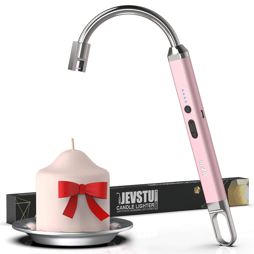 JEVSTU Candle Lighter, Electric USB Rechargeable Lighter with LED Display 360° Flexible Neck, Arc Plasma Electronic Windproof Flameless Long Lighter with Safety Switch Hook for Kitchen Grill, Pink - BeesActive Australia