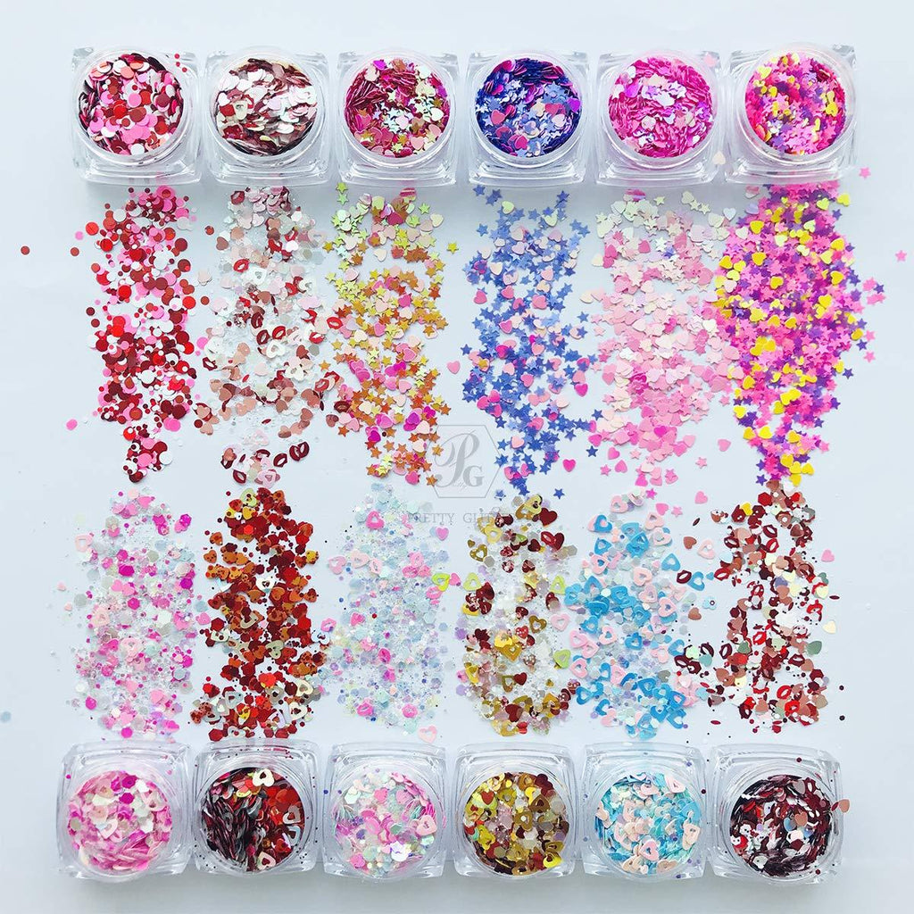 PrettyG 12 Color Set Valentine's Day Series Chunky Heart Star Dot Lips Mixes Nail Sequin Power Flakes Manicure Craft Art Decoration DIY Accessories Tools VA - BeesActive Australia