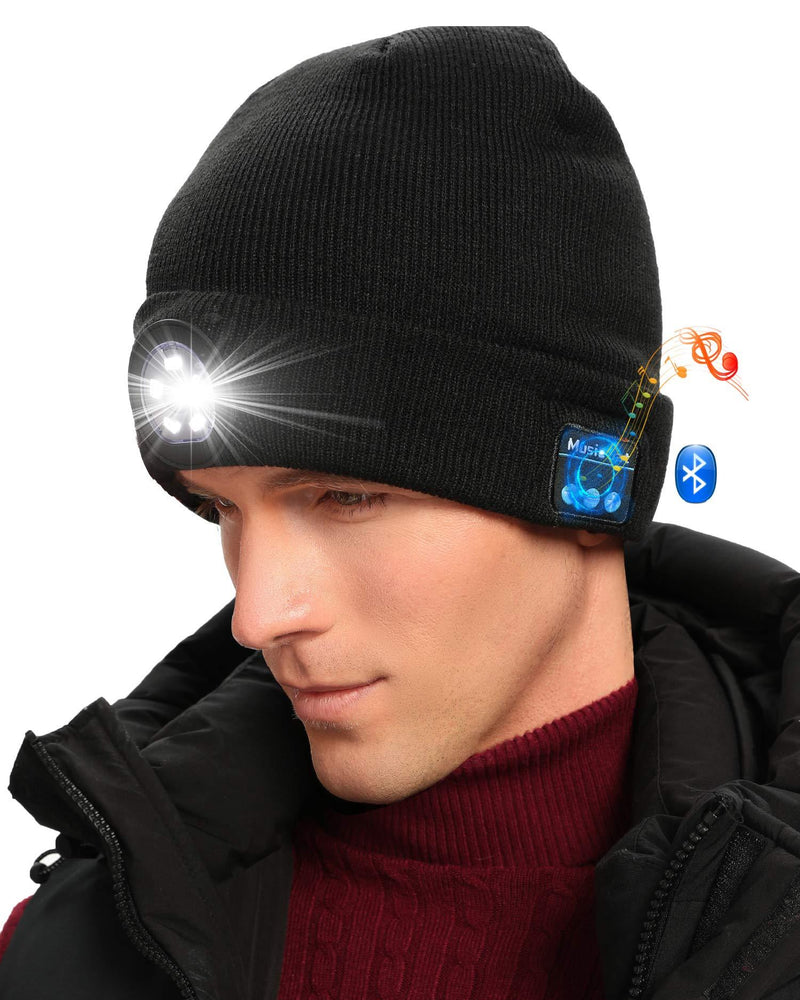 Headlamp Bluetooth Beanie Hat for Men Winter Music Sprots LED Light Hat, Rechargeable Outdoor Hiking Flashlight hat for Boyfriend, Grandpa, Dad, Women, Teen, Girls, Boys, Unisex Birthday Gift Idea Black - BeesActive Australia