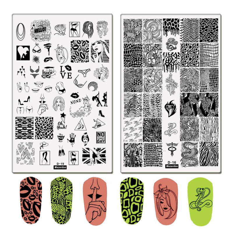 2Pcs Sexy Girl Love Image Nail Stamping Plates Leopard Snake Skin Design Nail Stamp Templates Lip Heel Palm Mouth Image Printing Stencil Accessories Tools For Nails DIY Mezerdoo D-16 and D-19 - BeesActive Australia