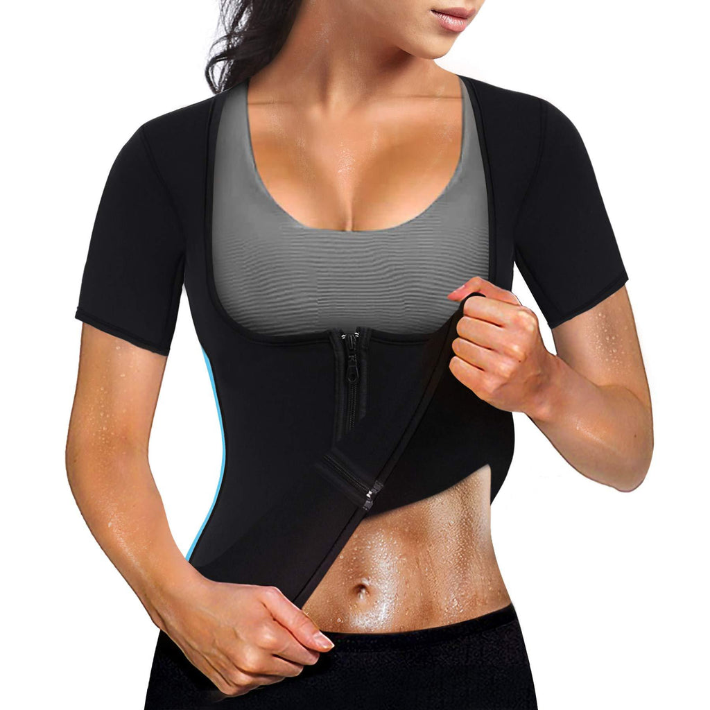 SCARBORO Hot Neoprene Sauna Suits for Women Sweat Waist Trainer Vest for Women Workout Body Shaper Zipper Shirt Jacket Tops Black With Short Sleeve Small - BeesActive Australia