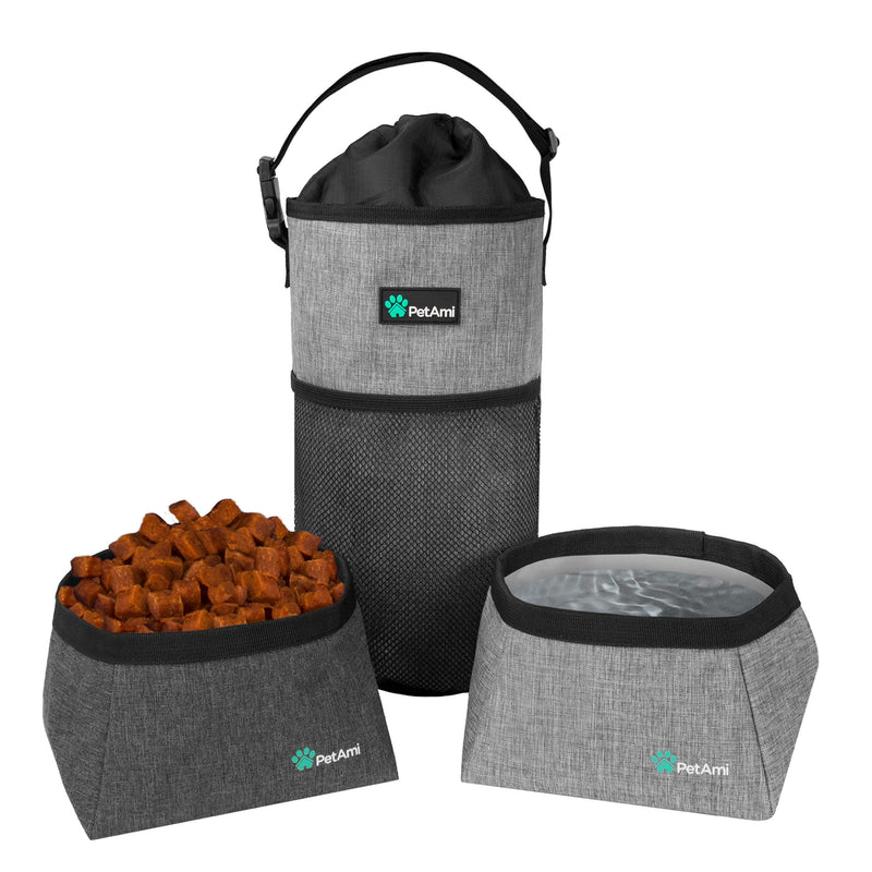 PetAmi Dog Food Travel Bag, Collapsible Dog Travel Bowls, Kibble Carrier for Dogs with Dog Water Bowls Kit, Pet Food Travel Container Storage for Camping, Hiking Gear Accessories Food Bag & Collapsible Bowls Heather Gray - BeesActive Australia