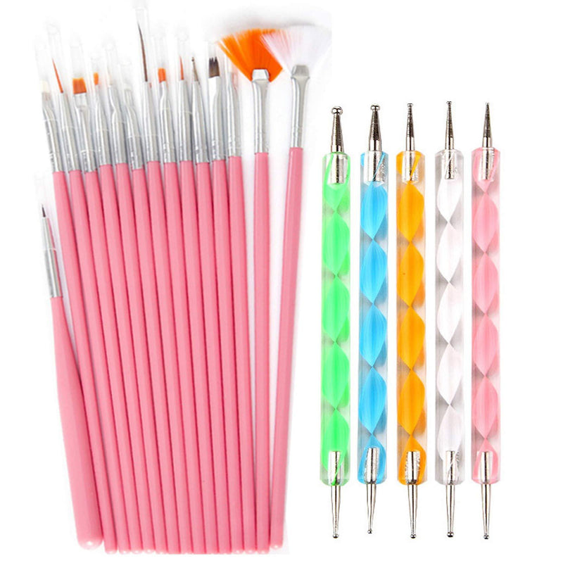 20pc Nail Art Painting Brush Pen Tools Kit UV Gel Building Drawing Linering Brushes Set Mandala Nail Dotting Pens (Pink) Pink - BeesActive Australia