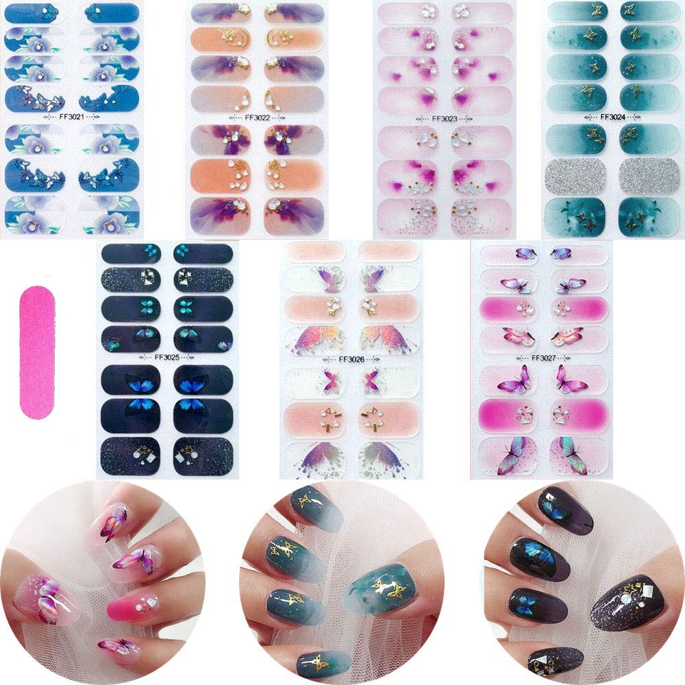 NAIL ANGEL 7pcs Nails Strips Nail Art Wrap Nail Art Full Cover Sticker Butterfly Spring Summer Crystal Designs for Women (10248) 10248 - BeesActive Australia