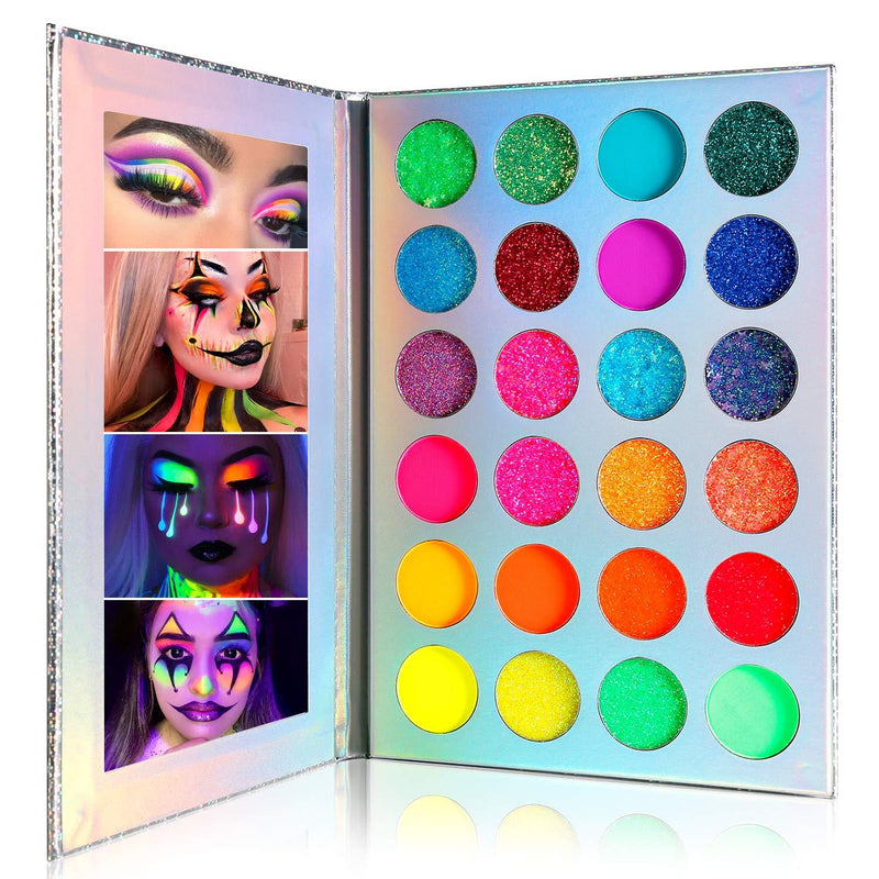 DE'LANCI Neon Eyeshadow Palette,24 Colors Highly Pigmented Fluorescent La Catrina Makeup Pallet Glow in the Dark,UV Glow Blacklight Matte and Glitter Rainbow Eye shadows for Luminous Party Beauty - BeesActive Australia