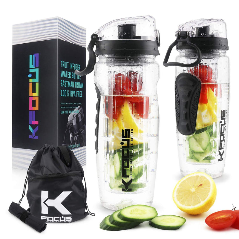 KFOCUS 32oz Fruit Infuser Sports Water Bottle for Delicious Drink, Motivational Clear Water Bottle with Time Marker, Filter and Full Length Infusion Rod, Durable BPA Free Tritan, Flip Lid, Leak Proof Black - BeesActive Australia