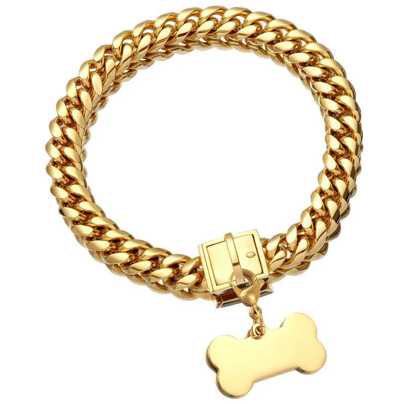 Jewelry Kingdom 1 Gold Dog Chain Collar with Dog ID Tag 18K Metal Stainles Steel Cuban Link Chain Strong Heavy Duty Chew Proof Walking Training Collar 10in to 26in for Small, Medium, Large Dogs 18" (Fits Dog Neck 16" to 17.5") - BeesActive Australia
