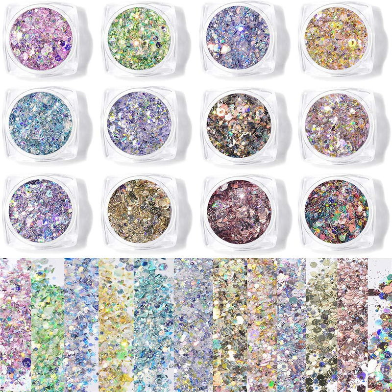 AUOCATTAIL Holographic Glitter 12 Colors Set Nail Face Eye Body Hair Lips Cosmetic Festival Chunky Glitter Different Size Mixed Sequins for Women Girls Manicure Makeup Artworks - BeesActive Australia