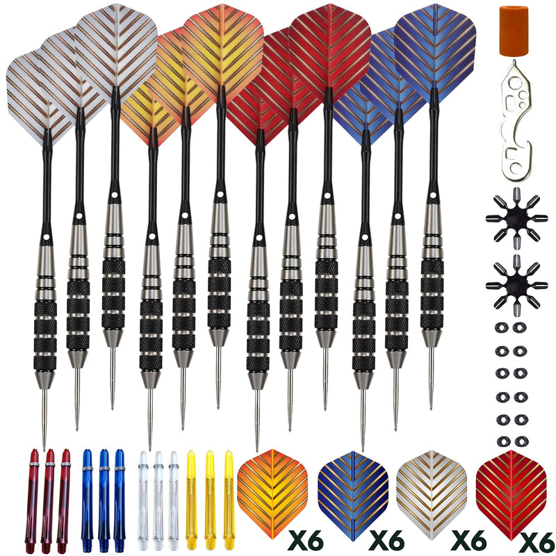 Steel Tip Darts Set - Professional 12PC Darts Steel Tip for Dartboard - Includes Steel Brass Barrels + Plastic & Aluminum Shafts + O-Ring's + Flights & Protectors + Sharpener + Wrench 22g-STC10432 - BeesActive Australia