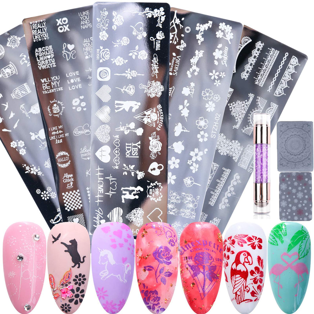 Nail Stamping Plates Set 5 PCS Nail Plates+1 Stamper+1 Scraper,Love Heart Rose Cat Bird Birdcage Flower Leaf Nail Design Kit For Acrylic Nail Supplies,DIY Template Image Stencil Tool Nail Decoration - BeesActive Australia