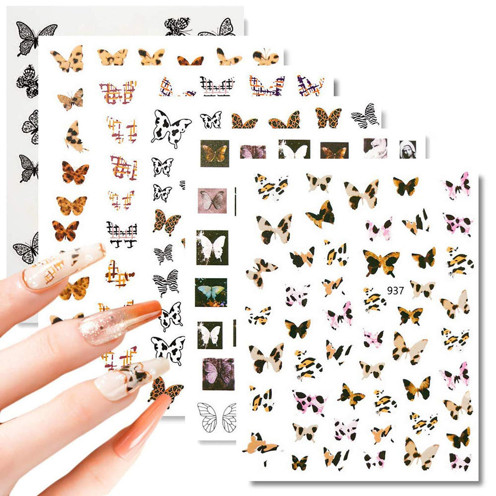 6 Sheets Leopard Print Butterfly Nail Art Stickers,3D Self-Adhesive Cool Color Leopard Black White Butterflies Design Nail Decals for Nail Art Supplies Manicure Tips Nail Decors Accessories - BeesActive Australia