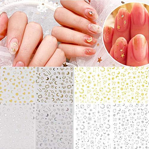 8 Sheets Stars Moon Nail Art Stickers 3D Metallic Self-Adhesive Gold Silver Geometry Star Moon Planet Nail Decals For Acrylic Nail Supplies DIY Manicure Nail Decoration Accessories - BeesActive Australia