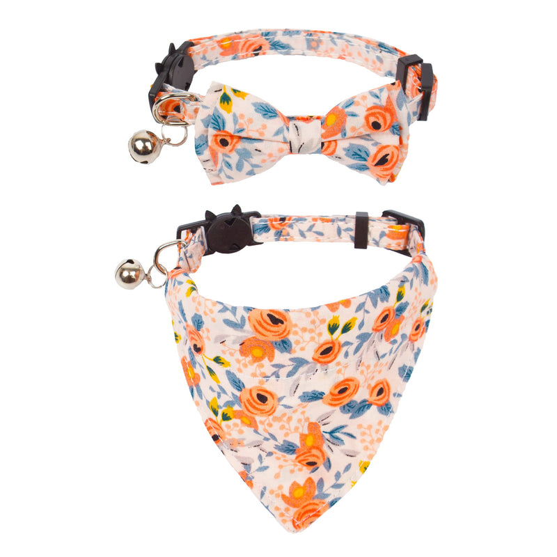 ADOGGYGO Cat Collar Breakaway with Cute Bow Tie Bell - 2 Pack Kitten Collar with Removable Bowtie Different Pattern Cat Bowtie Collar for Cat Kitten Orange Floral - BeesActive Australia