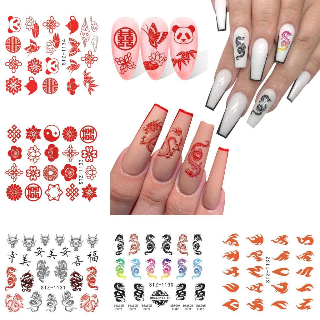 Chinese character Dragon Nail Stickers 5 PCS Panda Flame Tai Chi Chinese Knot Design Nail Decals Water Transfer DIY Nail Art Wraps Manicure Tips Decorations Chinese style - BeesActive Australia