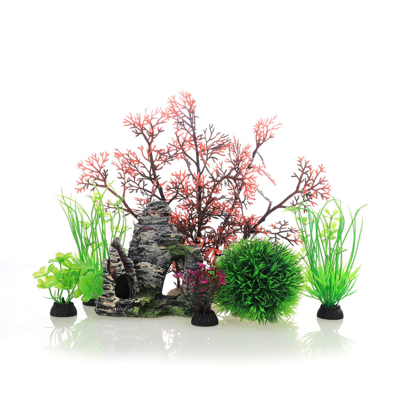 JIH Aquarium Fish Tank Plastic Plants and Cave Rock Decorations Decor Set 7 Pieces, Small and Large Artificial Fish Tank Plants with Cave Rock (CU89Red-7) Cu89red-7 - BeesActive Australia