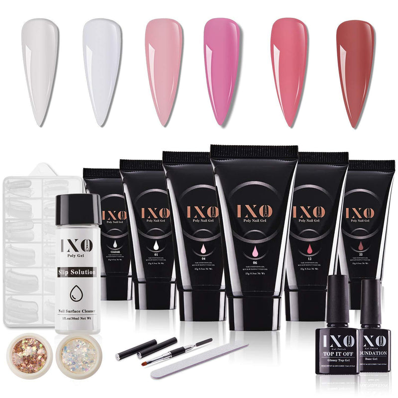 IXO Poly Nail Extension Gel Set, 15g 6PCS Enhancement Builder with Glossy Top Gel and Base Gel, All-in-One Manicure Kit Gift Set for Nail Art Salon DIY at Home - BeesActive Australia