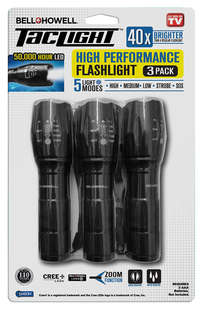 TACLIGHT FLASHLIGHT As Seen On TV Set of 3 by Bell and Howell LED Tactical Flash light Shock Water Resistant Military Grade Ultra Bright with 5 Modes and Zoom Function (40x Brighter) Black - BeesActive Australia