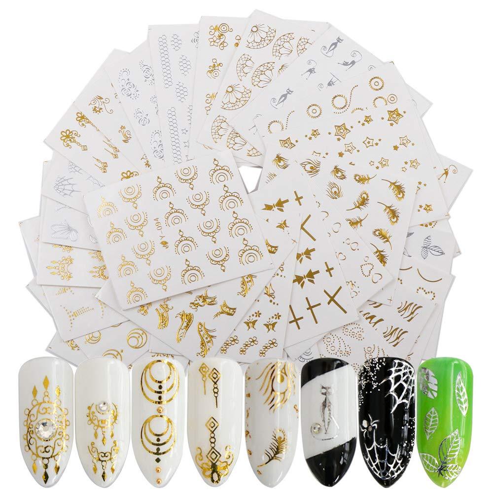 Mori Elves 30 Sheets Nail Art Stickers Water Transfer Nail Decals Gold & Silver Mixed Pattern Metallic Nail Stickers Animals Butterfly Lace Moon Star Art Design Nail Decorations - BeesActive Australia